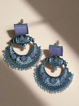 Silver Replica Chandbali Earrings - Unique Square Stone Stud Dangler Earring