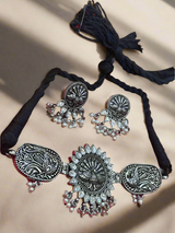 Oxidised Peacock Choker Necklace Set For Girls | Adjustable Thread Silver Plated Jewelry