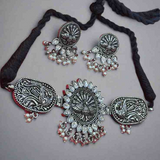 Oxidised Peacock Choker Necklace Set For Girls | Adjustable Thread Silver Plated Jewelry