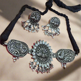 Oxidised Peacock Choker Necklace Set For Girls | Adjustable Thread Silver Plated Jewelry