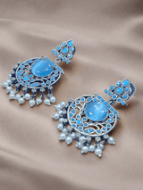 Designer Floral Earrings | Unique Dangler Silver Replica Stud With Stone Detailing - Sparshna Jewellery