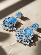 Designer Floral Earrings | Unique Dangler Silver Replica Stud With Stone Detailing