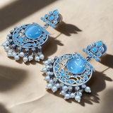 Designer Floral Earrings | Unique Dangler Silver Replica Stud With Stone Detailing