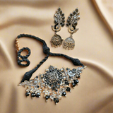 Premium Qulaity Brass Metal partywear Black Color Stone work Square Shaped Designer Choker Necklace with Stone Peacock Stud with Pearl Jhumki Necklace Set