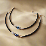 Stylish Premium Quality German Silver Flower Evil Eye Black Bead Partywear Pair of Anklet