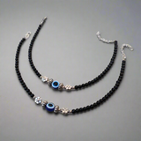 Stylish Premium Quality German Silver Flower Evil Eye Black Bead Partywear Pair of Anklet