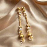 German Silver Round Stud with Taseel Chain Pearl / Golden Bead Mogra Earring for Women and Girls