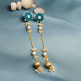 German Silver Round Fabric Pearl Stud with Taseel Chain Pearl / Golden Bead Mogra Earring for Women and Girls.