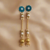 German Silver Round Fabric Pearl Stud with Taseel Chain Pearl / Golden Bead Mogra Earring for Women and Girls