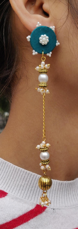 German Silver Round Fabric Pearl Stud with Taseel Chain Pearl / Golden Bead Mogra Earring for Women and Girls.