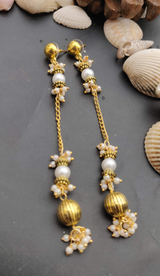 German Silver Round Stud with Taseel Chain Pearl / Golden Bead Mogra Earring for Women and Girls