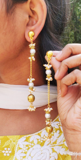 German Silver Round Stud with Taseel Chain Pearl / Golden Bead Mogra Earring for Women and Girls