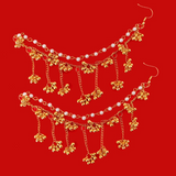 Pair of German Silver Brass Metal Golden Color & White Pearl with Ghunghru Traditional 3 Layer Ear Chain