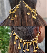 Pair of German Silver Brass Metal Golden Color & White Pearl with Ghunghru Traditional 3 Layer Ear Chain