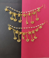 Pair of German Silver Brass Metal Golden Color & White Pearl with Ghunghru Traditional 3 Layer Ear Chain