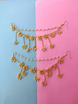 Pair of German Silver Brass Metal Golden Color & White Pearl with Ghunghru Traditional 3 Layer Ear Chain