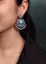 Designer Floral Earrings | Unique Dangler Silver Replica Stud With Stone Detailing - Sparshna