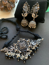 Premium Qulaity Brass Metal partywear Black Color Stone work Square Shaped Designer Choker Necklace with Stone Peacock Stud with Pearl Jhumki Necklace Set
