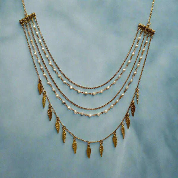 German Silver 5 Layer Pearl Chain with leaf Charm Light Weight Necklace