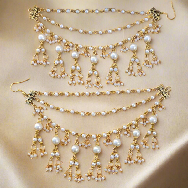German SIlver 3 Layer Mogra Pearl with Glass Bead Earchain
