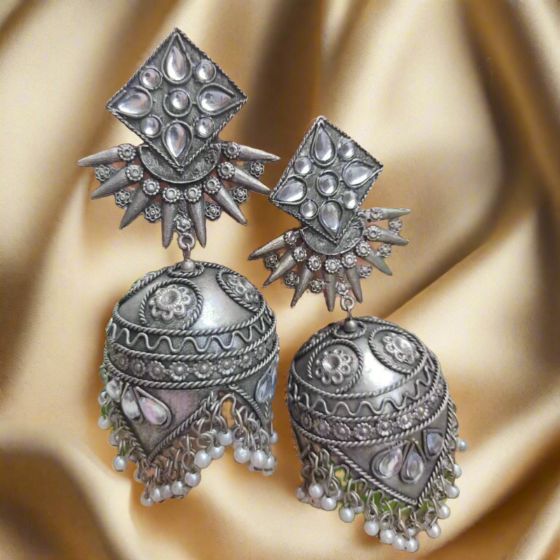 Designer Black Polish Stone Square Stud with Jhumka Earring
