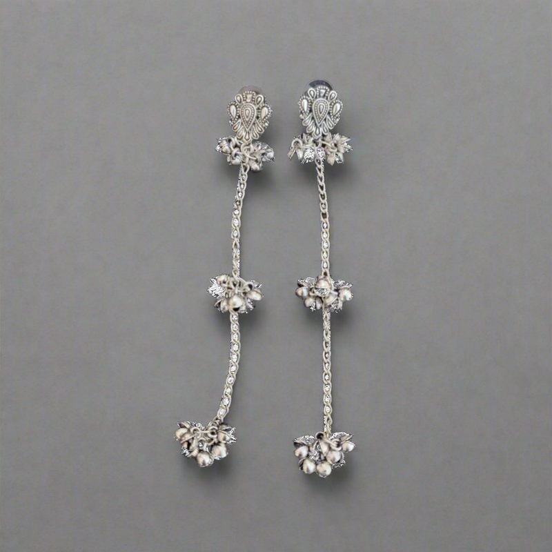 German Silver Designer Stud with Taseel Chain Ghunghru Earring