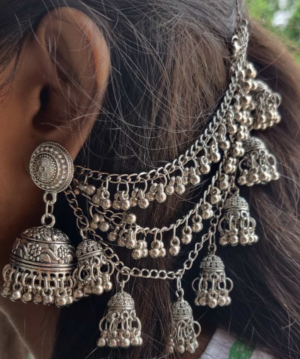 Boho Chic: Oxidized Silver Ear Chains with Round Stud Jhumka Earring