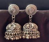 Boho Chic: Oxidized Silver Ear Chains with Round Stud Jhumka Earring