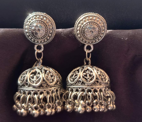 Boho Chic: Oxidized Silver Ear Chains with Round Stud Jhumka Earring
