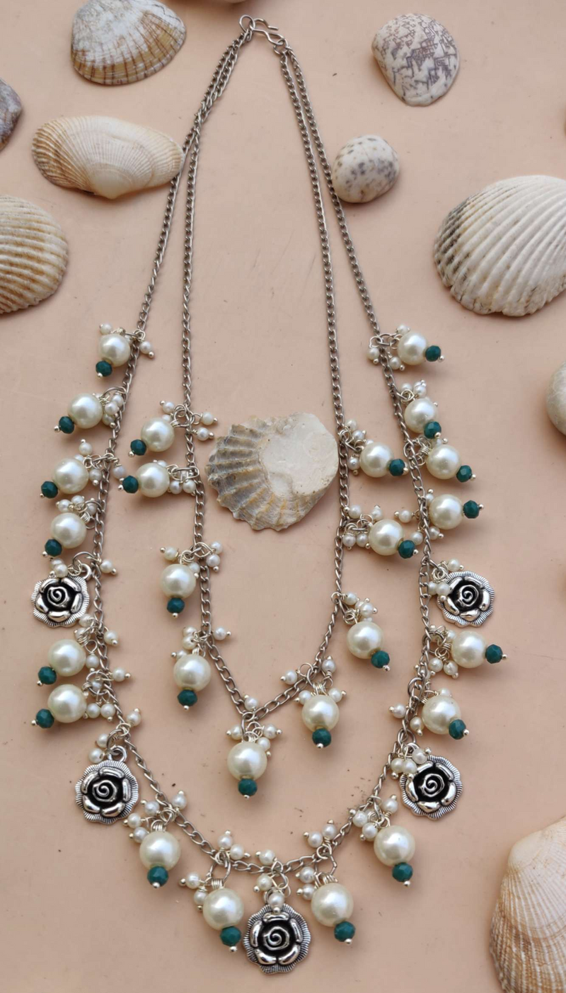 Ccb Bead with Flower Charm 2 Layer Necklace for Women and Girls