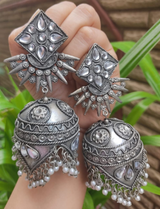 Designer Black Polish Stone Square Stud with Jhumka Earring