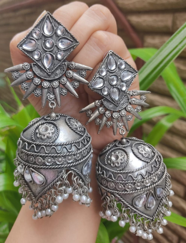 Designer Black Polish Stone Square Stud with Jhumka Earring