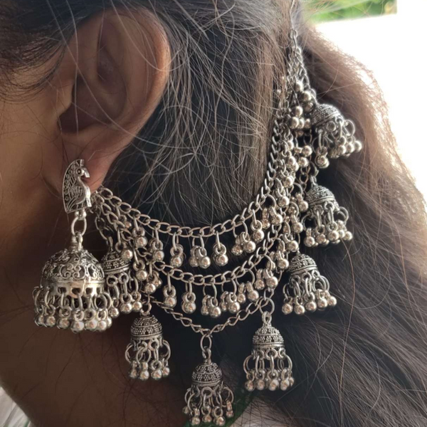 German Silver Ear Chains with Horse Design Stud Small Jhumka Earring