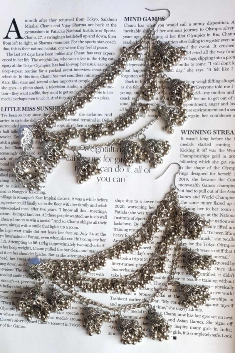 German Silver Ear Chains with Horse Design Stud Small Jhumka Earring