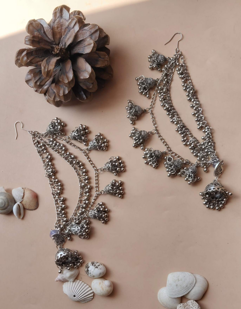 German Silver Ear Chains with Horse Design Stud Small Jhumka Earring