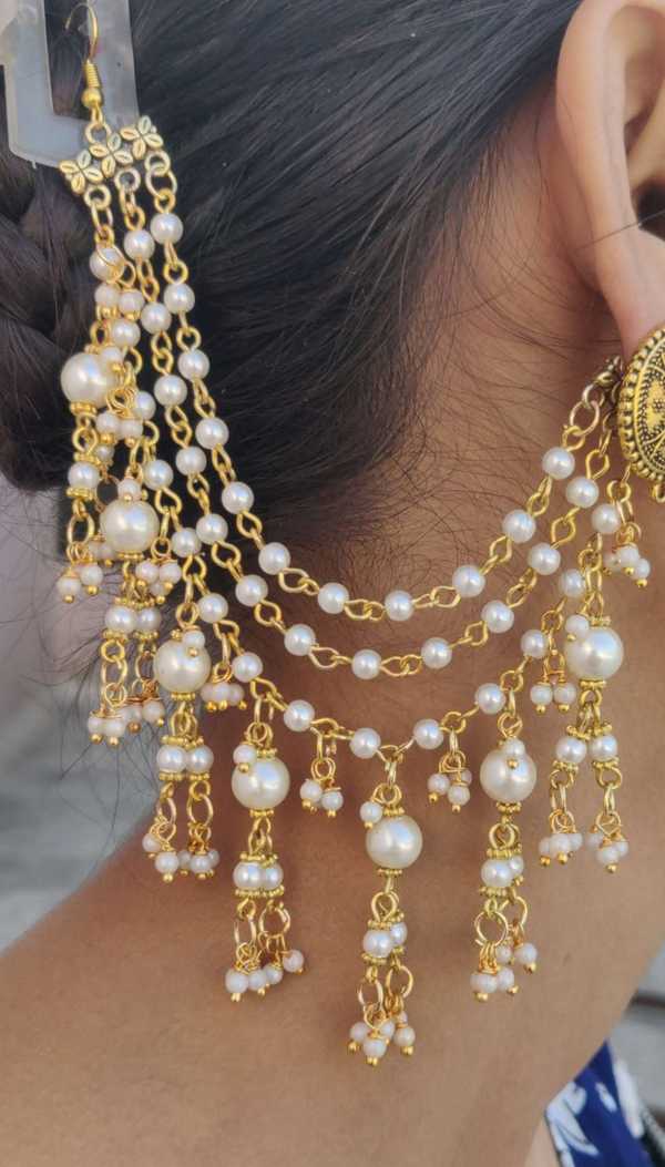 German SIlver 3 Layer Mogra Pearl with Glass Bead Earchain