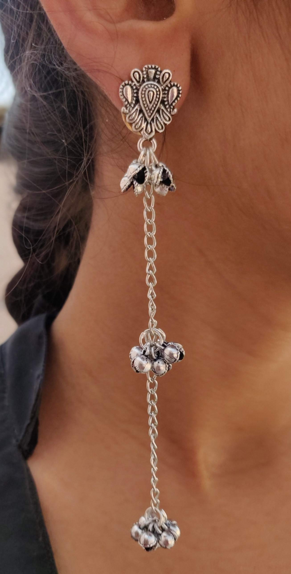 German Silver Designer Stud with Taseel Chain Ghunghru Earring