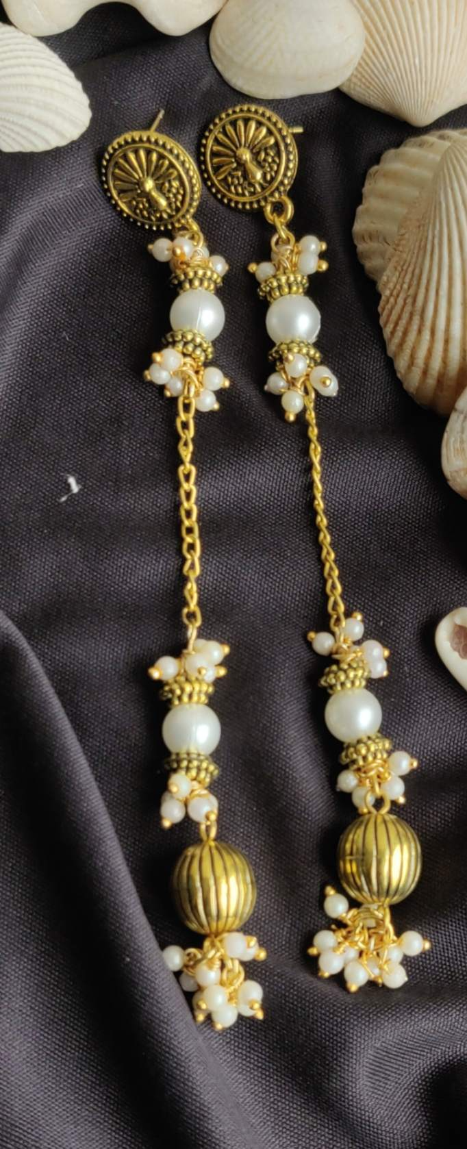 German Silver Peacock Stud with Taseel Chain Pearl