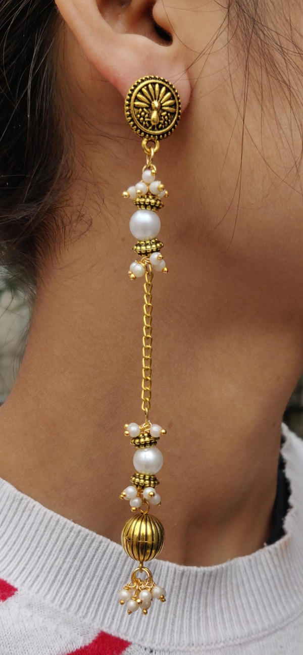 German Silver Peacock Stud with Taseel Chain Pearl