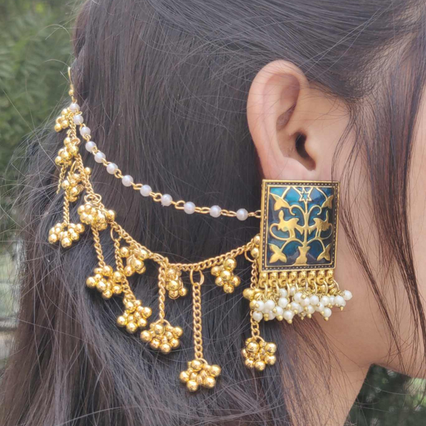 German Silver Premium Quality Gold Plated Meenakari with 2 layer Pearl Latkan Chain Ghunghru Earchain Earring