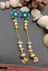 German Silver Round Fabric Pearl Stud with Taseel Chain Pearl / Golden Bead Mogra Earring for Women and Girls