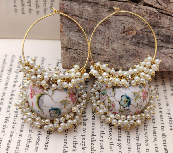Handpainted Meenakari Work Gold Plated Flower Design Mogra Fitted Pearl Designer Jhumka Hoop Bali earring