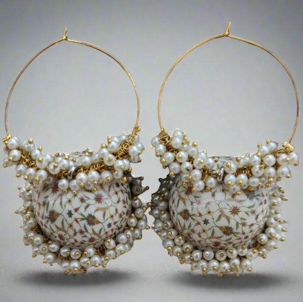 Handpainted Meenakari Work Gold Plated Flower Leaf Design Mogra Fitted Pearl Designer Jhumka Hoop Bali Earring
