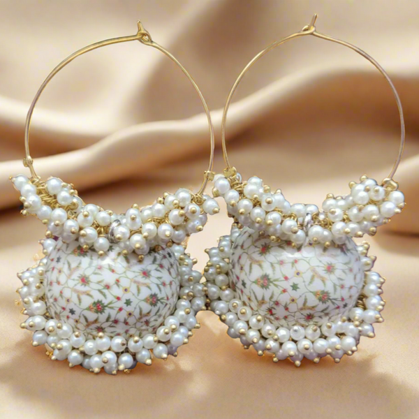 Handpainted Meenakari Work Gold Plated Flower Leaf Design Mogra Fitted Pearl Designer Jhumka Hoop Bali Earring