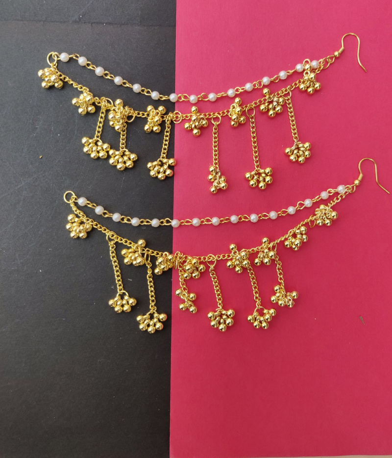 Pair of German Silver Brass Metal Golden Color & White Pearl with Ghunghru Traditional 3 Layer Ear Chain