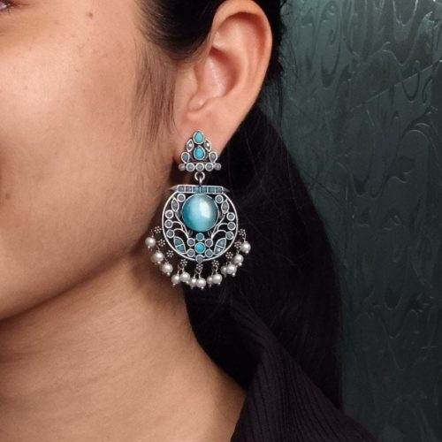 Designer Floral Earrings | Unique Dangler Silver Replica Stud With Stone Detailing