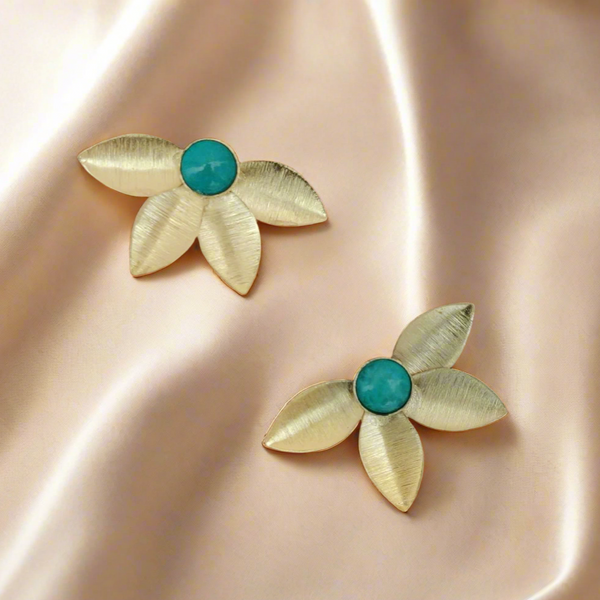Traditional Brass Handmade Stone Flower Shape Stud Earring