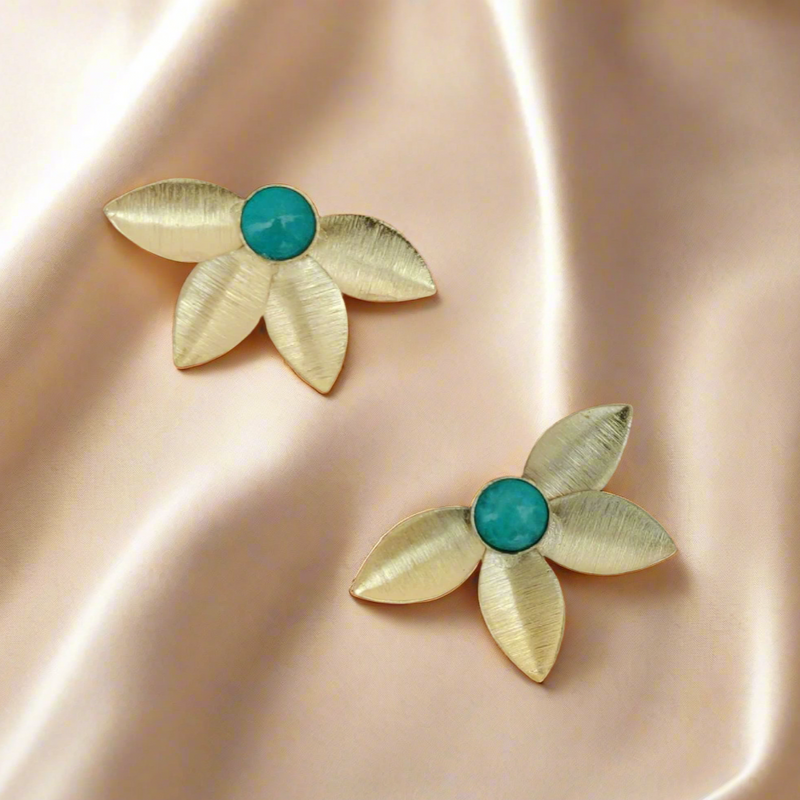 Traditional Brass Handmade Stone Flower Shape Stud Earring