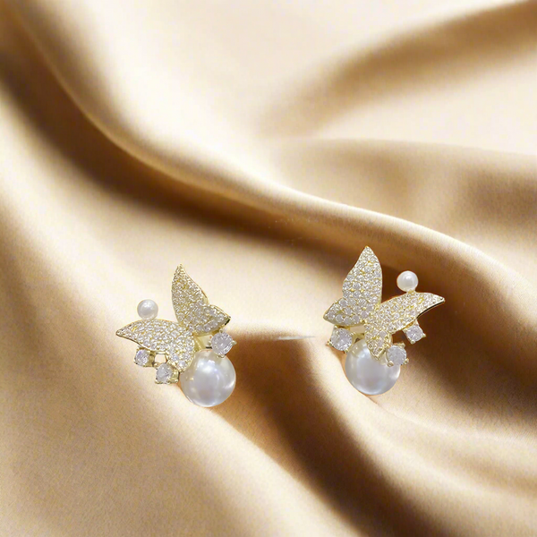 Stones Inlaid Pearl Butterfly Stud Earrings