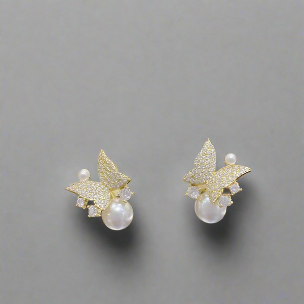 Stones Inlaid Pearl Butterfly Stud Earrings